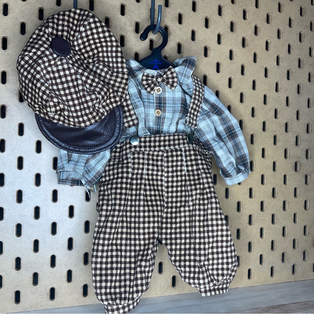18 inch doll Outfit - Brown Plaid overall outfit with Cap - Brown and cream
